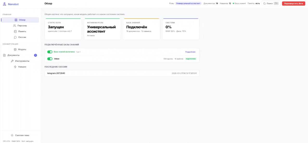 Корпоративная консоль ИИ: обзор, база знаний, сессии и статус бота